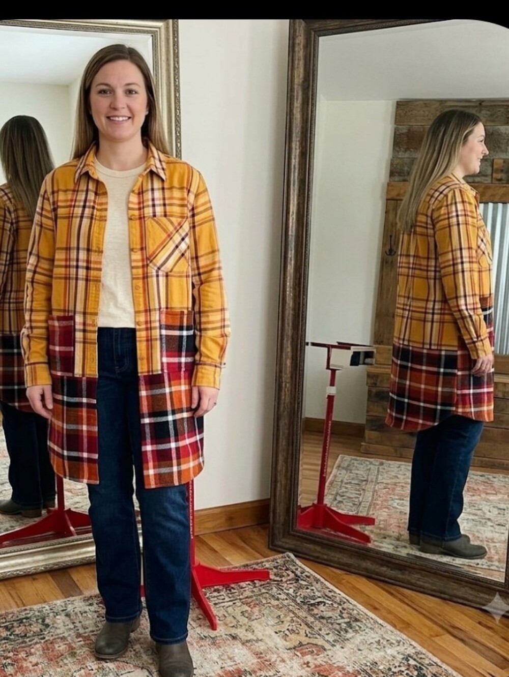 Upcycled flannel shirt jacket S-M shacket mustard/cranberry original
